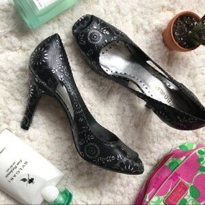 BCBG:Size 8.5 Black/Silver Lace Peep Toe Heels